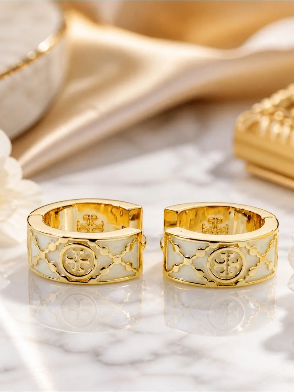 Tory Burch White and Gold T-Monogram Huggie Earrings